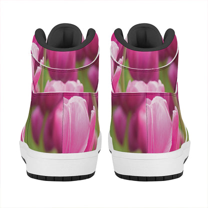 Pink Tulip Print High Top Leather Sneakers