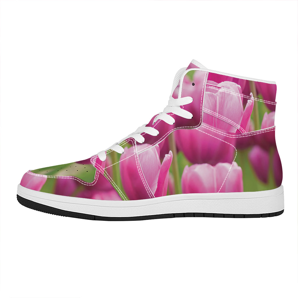 Pink Tulip Print High Top Leather Sneakers
