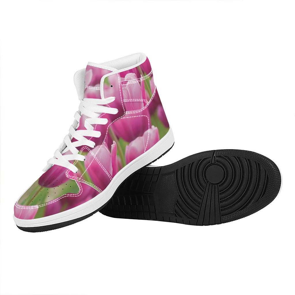 Pink Tulip Print High Top Leather Sneakers