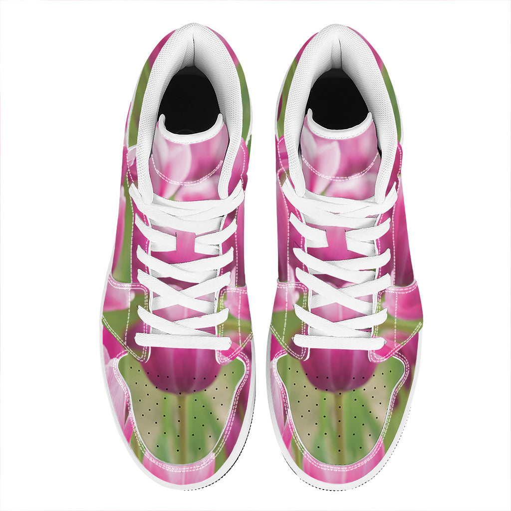 Pink Tulip Print High Top Leather Sneakers
