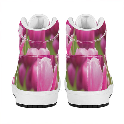 Pink Tulip Print High Top Leather Sneakers