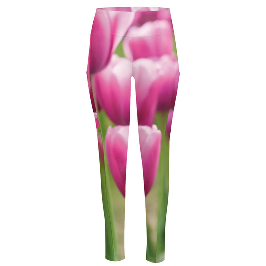 Pink Tulip Print High-Waisted Pocket Leggings