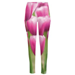 Pink Tulip Print High-Waisted Pocket Leggings
