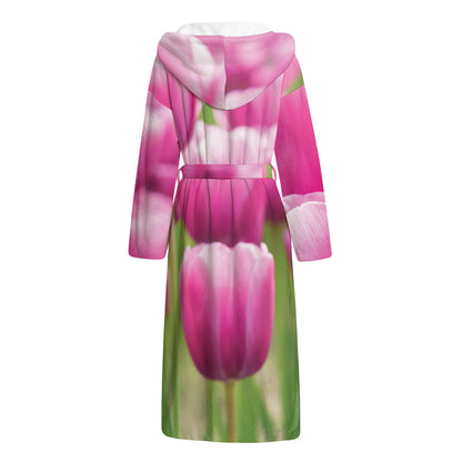 Pink Tulip Print Hooded Bathrobe