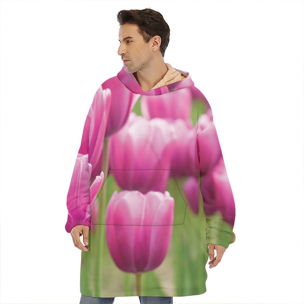Pink Tulip Print Hoodie Blanket
