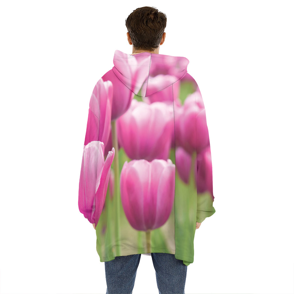 Pink Tulip Print Hoodie Blanket