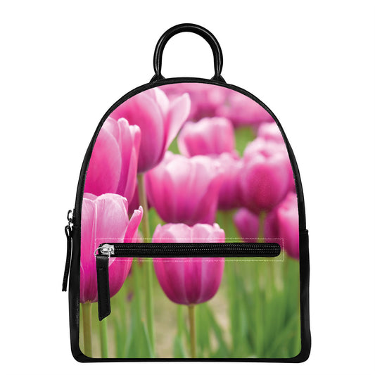 Pink Tulip Print Leather Backpack