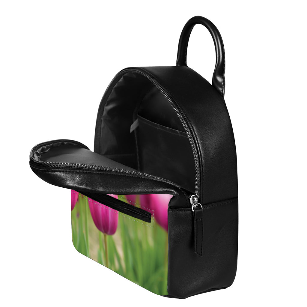 Pink Tulip Print Leather Backpack