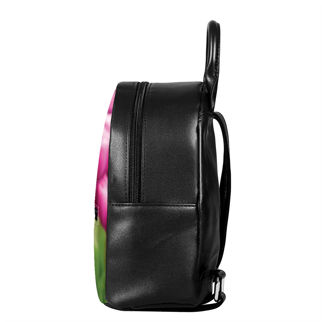 Pink Tulip Print Leather Backpack