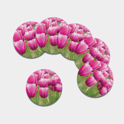 Pink Tulip Print Leather Coaster Set