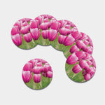 Pink Tulip Print Leather Coaster Set