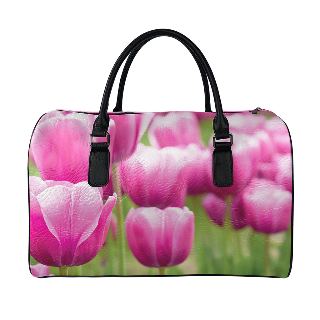 Pink Tulip Print Leather Duffle Bag