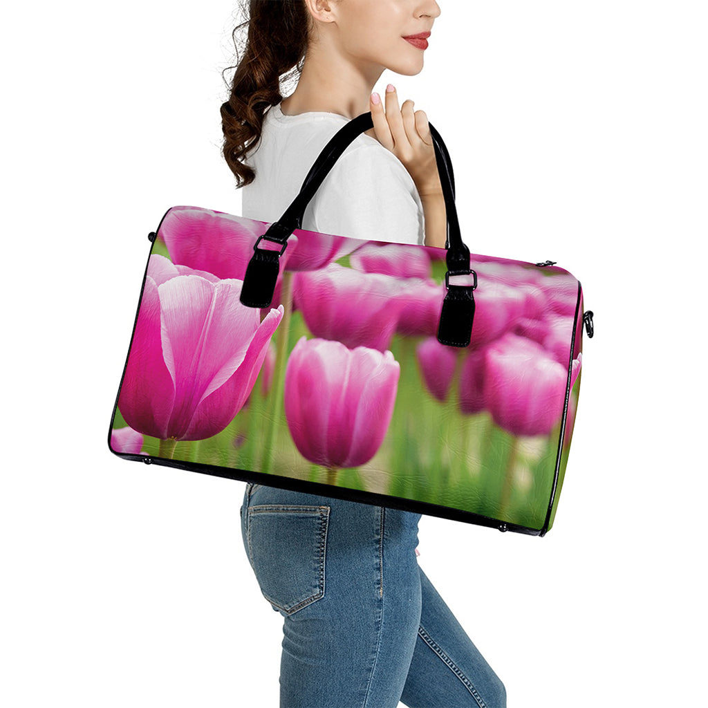 Pink Tulip Print Leather Duffle Bag
