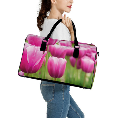 Pink Tulip Print Leather Duffle Bag