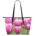 Pink Tulip Print Leather Tote Bag With Zipper