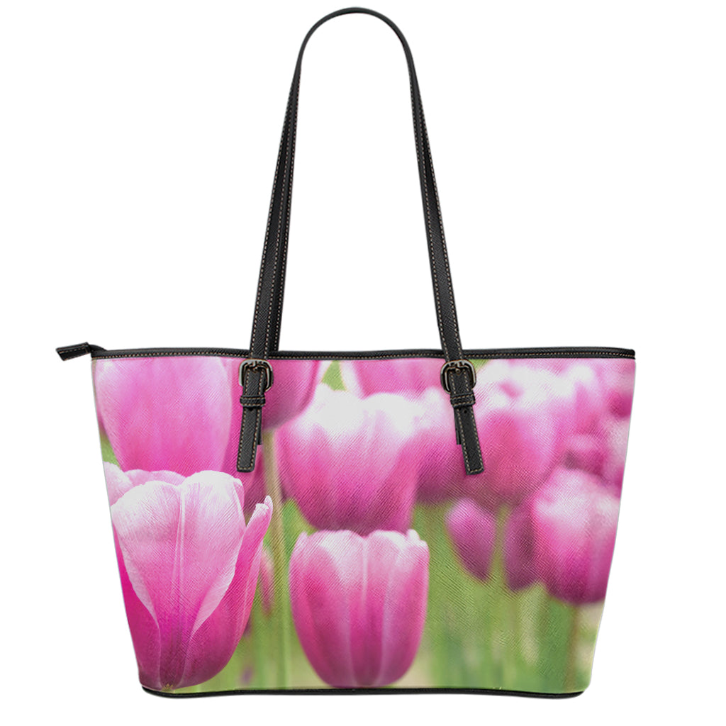 Pink Tulip Print Leather Tote Bag