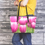 Pink Tulip Print Leather Tote Bag