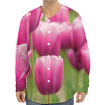Pink Tulip Print Long Sleeve Baseball Jersey