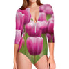 Pink Tulip Print Long Sleeve Swimsuit