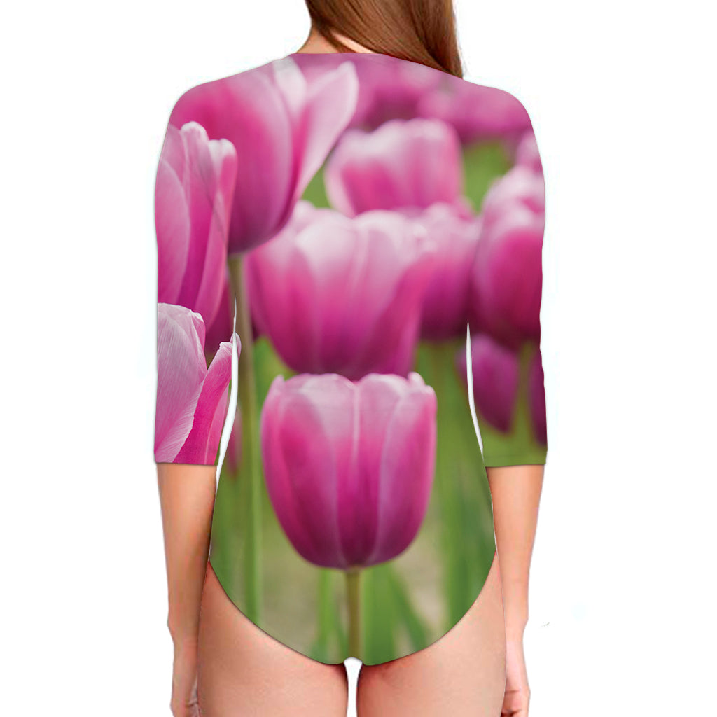 Pink Tulip Print Long Sleeve Swimsuit