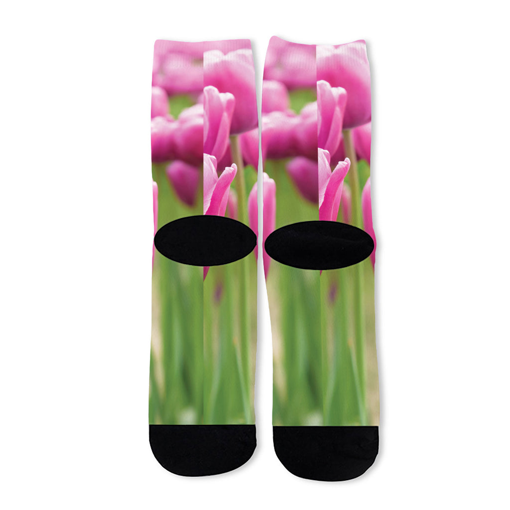 Pink Tulip Print Long Socks