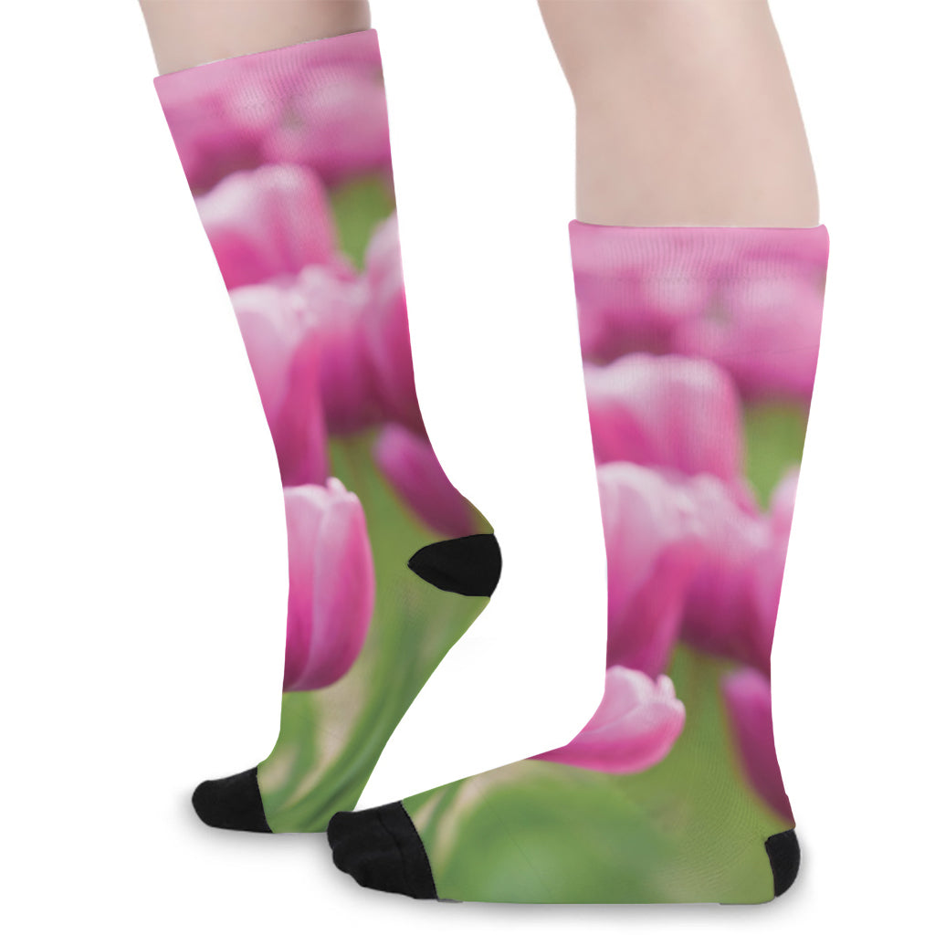 Pink Tulip Print Long Socks