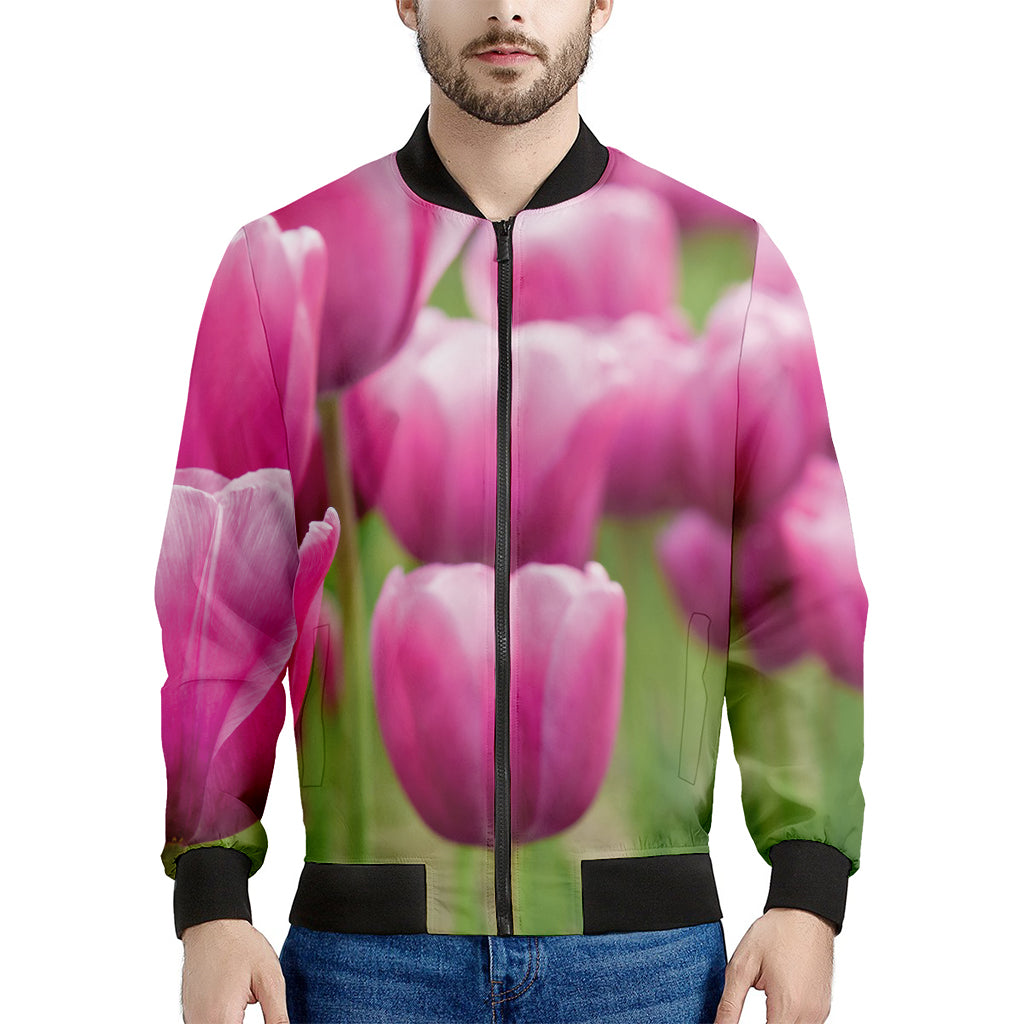 Pink Tulip Print Men's Bomber Jacket
