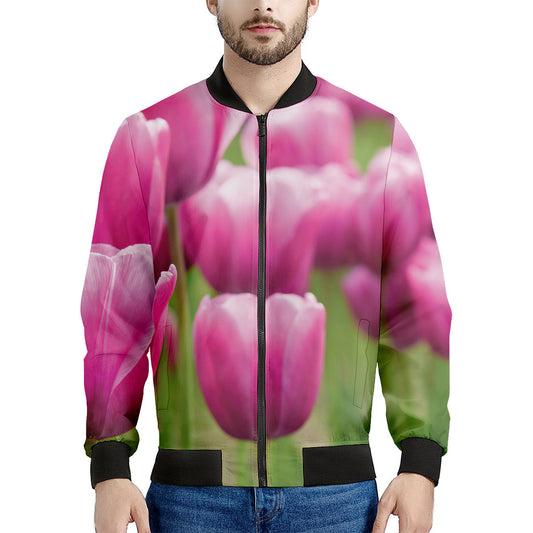 Pink Tulip Print Men's Bomber Jacket