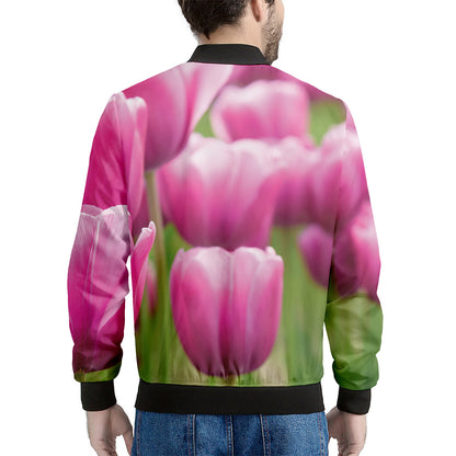Pink Tulip Print Men's Bomber Jacket