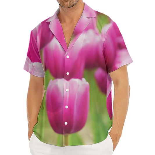 Pink Tulip Print Men's Deep V-Neck Shirt
