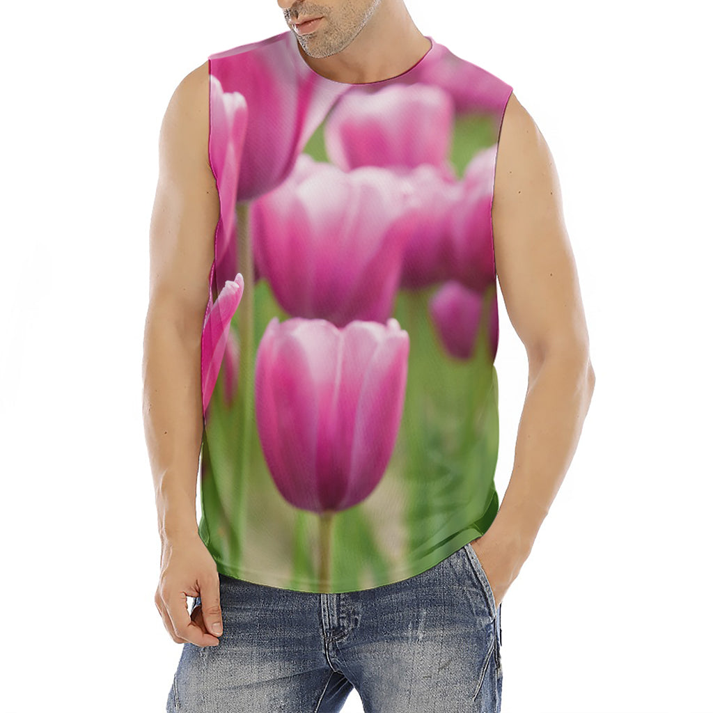 Pink Tulip Print Men's Fitness Tank Top