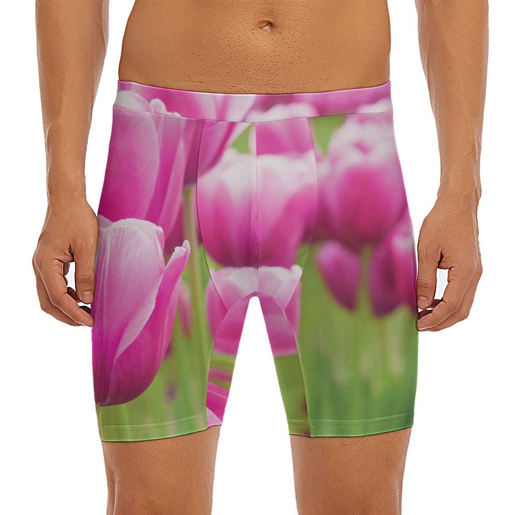 Pink Tulip Print Men's Long Boxer Briefs