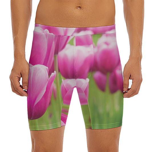 Pink Tulip Print Men's Long Boxer Briefs
