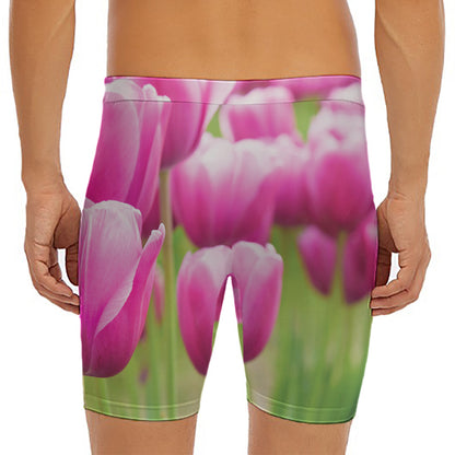 Pink Tulip Print Men's Long Boxer Briefs
