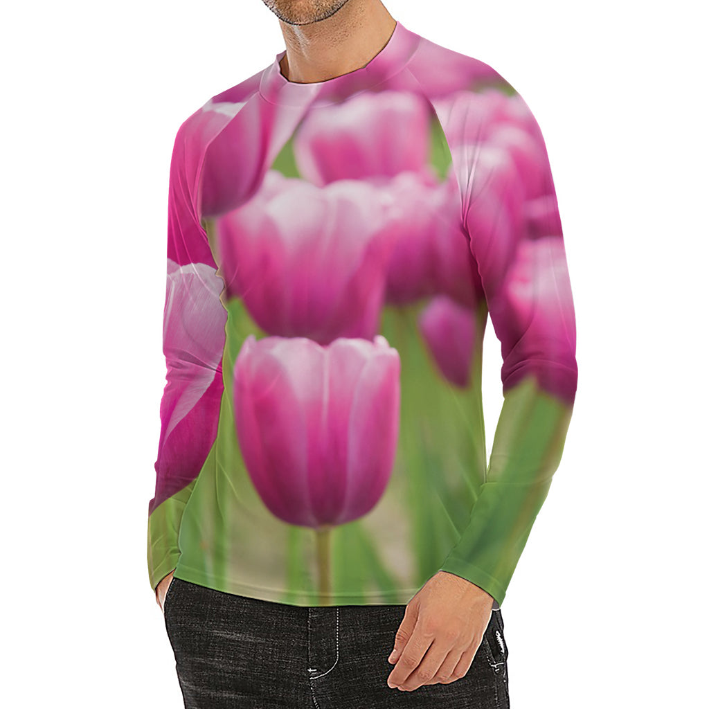 Pink Tulip Print Men's Long Sleeve Rash Guard