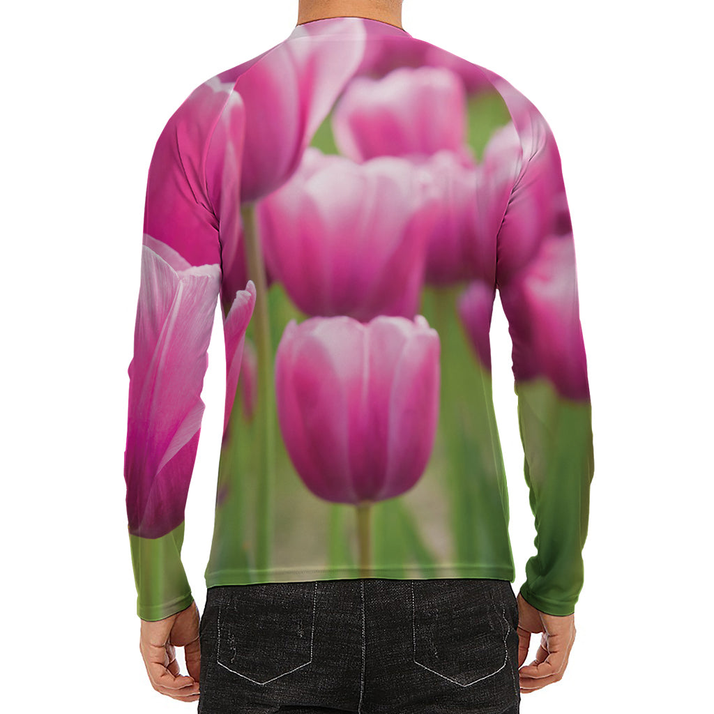 Pink Tulip Print Men's Long Sleeve Rash Guard