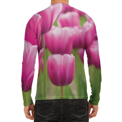 Pink Tulip Print Men's Long Sleeve Rash Guard