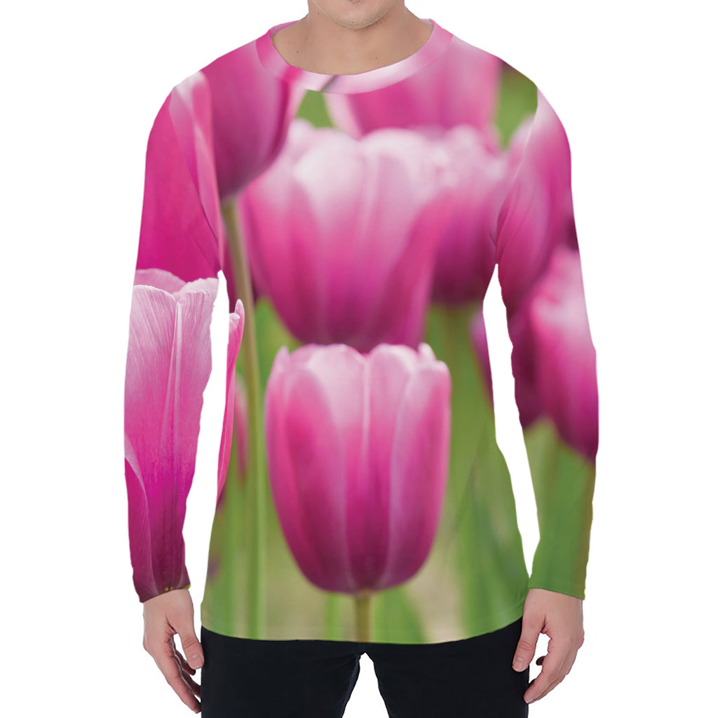 Pink Tulip Print Men's Long Sleeve T-Shirt