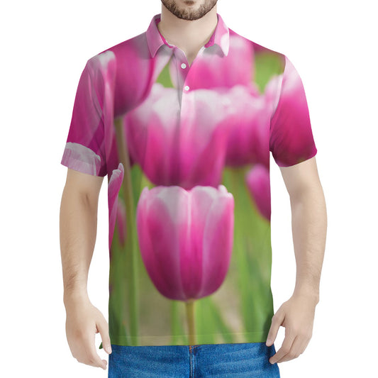 Pink Tulip Print Men's Polo Shirt