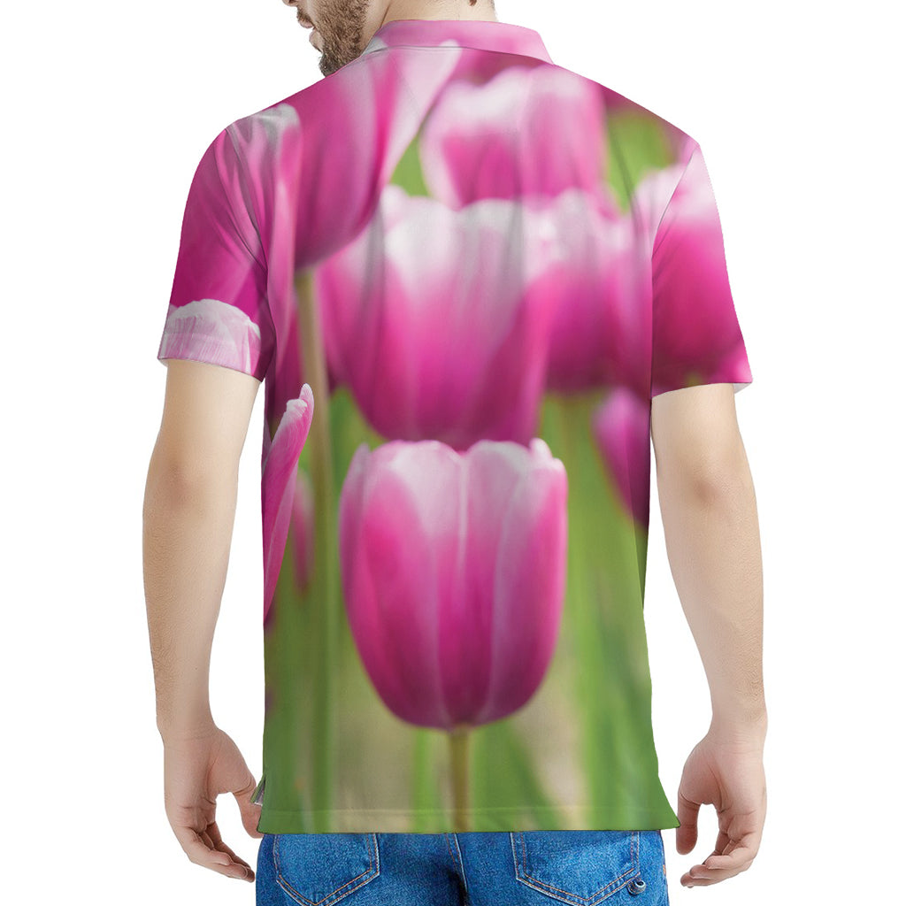 Pink Tulip Print Men's Polo Shirt