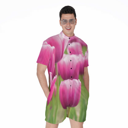 Pink Tulip Print Men's Rompers