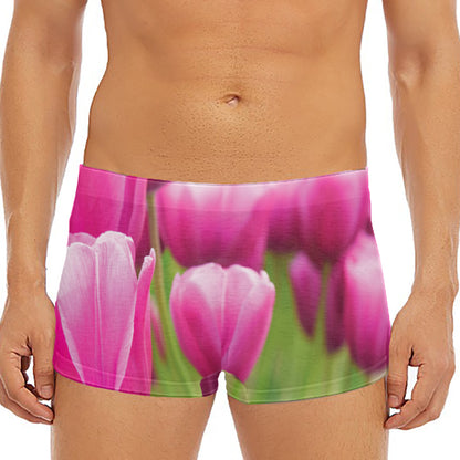 Pink Tulip Print Men's Short Boxer Briefs