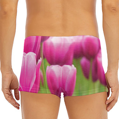 Pink Tulip Print Men's Short Boxer Briefs