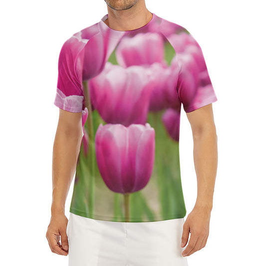 Pink Tulip Print Men's Short Sleeve Rash Guard