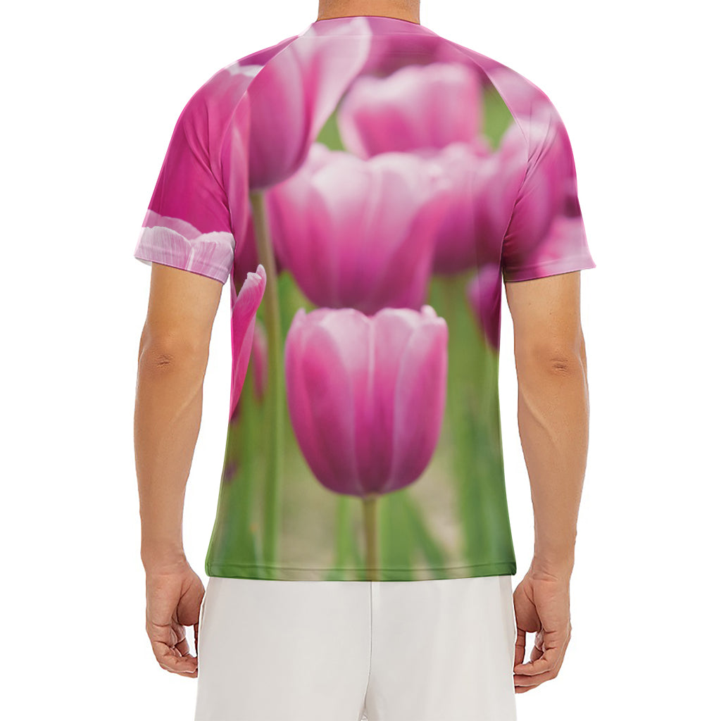 Pink Tulip Print Men's Short Sleeve Rash Guard