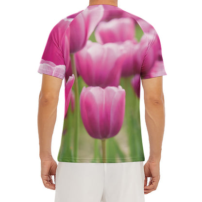 Pink Tulip Print Men's Short Sleeve Rash Guard