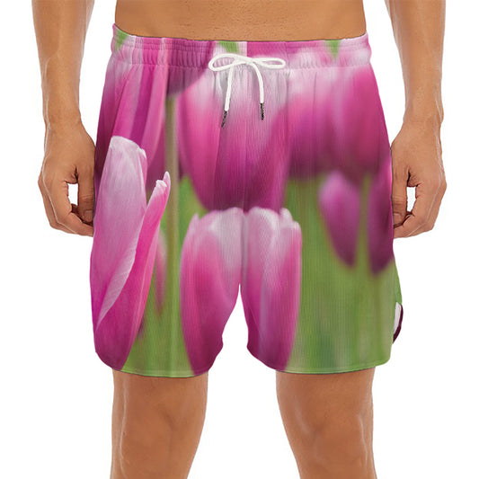 Pink Tulip Print Men's Split Running Shorts