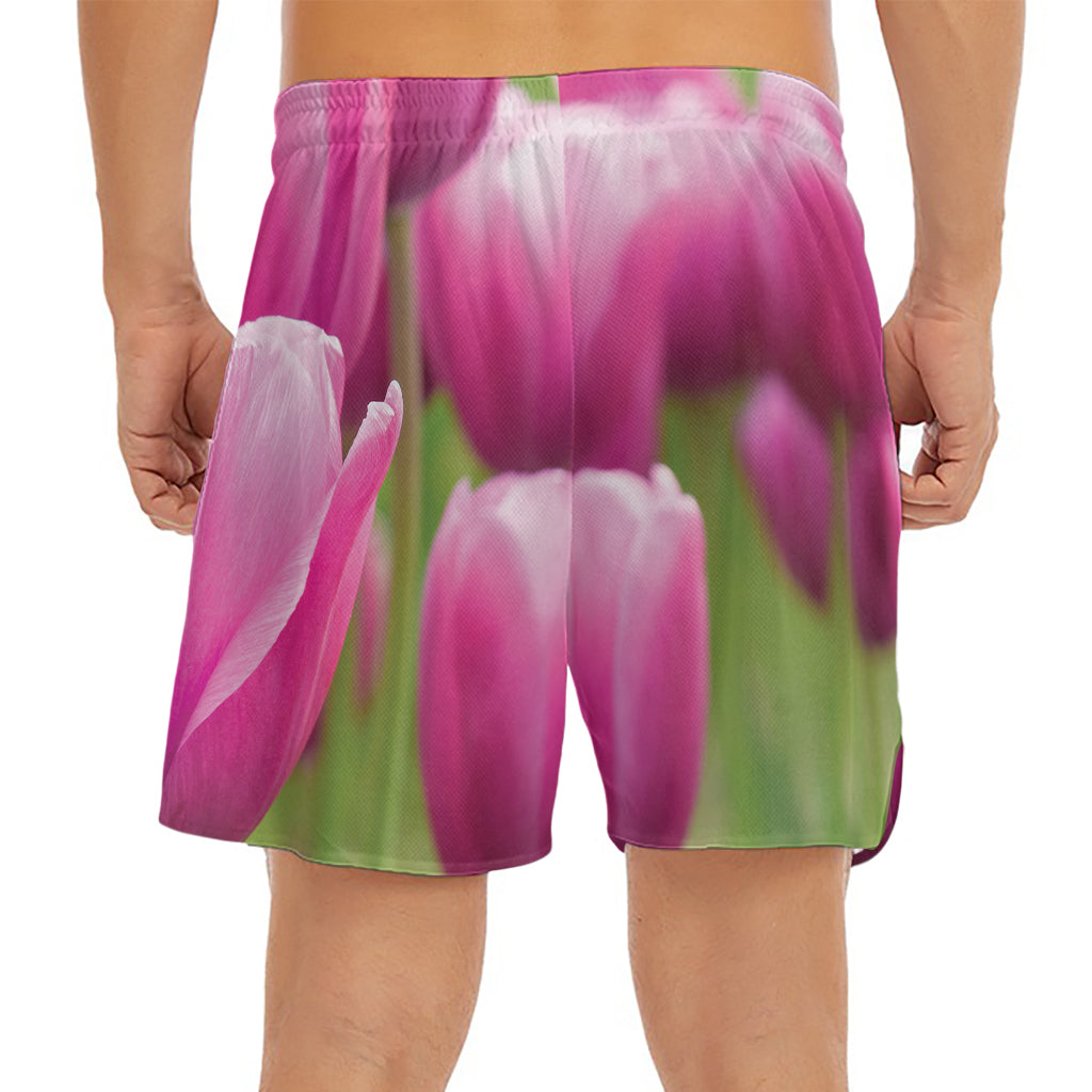 Pink Tulip Print Men's Split Running Shorts