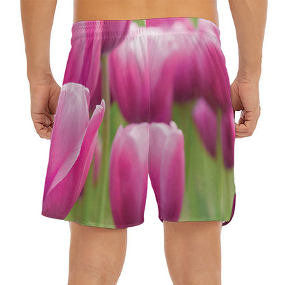 Pink Tulip Print Men's Split Running Shorts