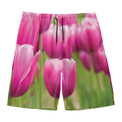 Pink Tulip Print Men's Swim Trunks